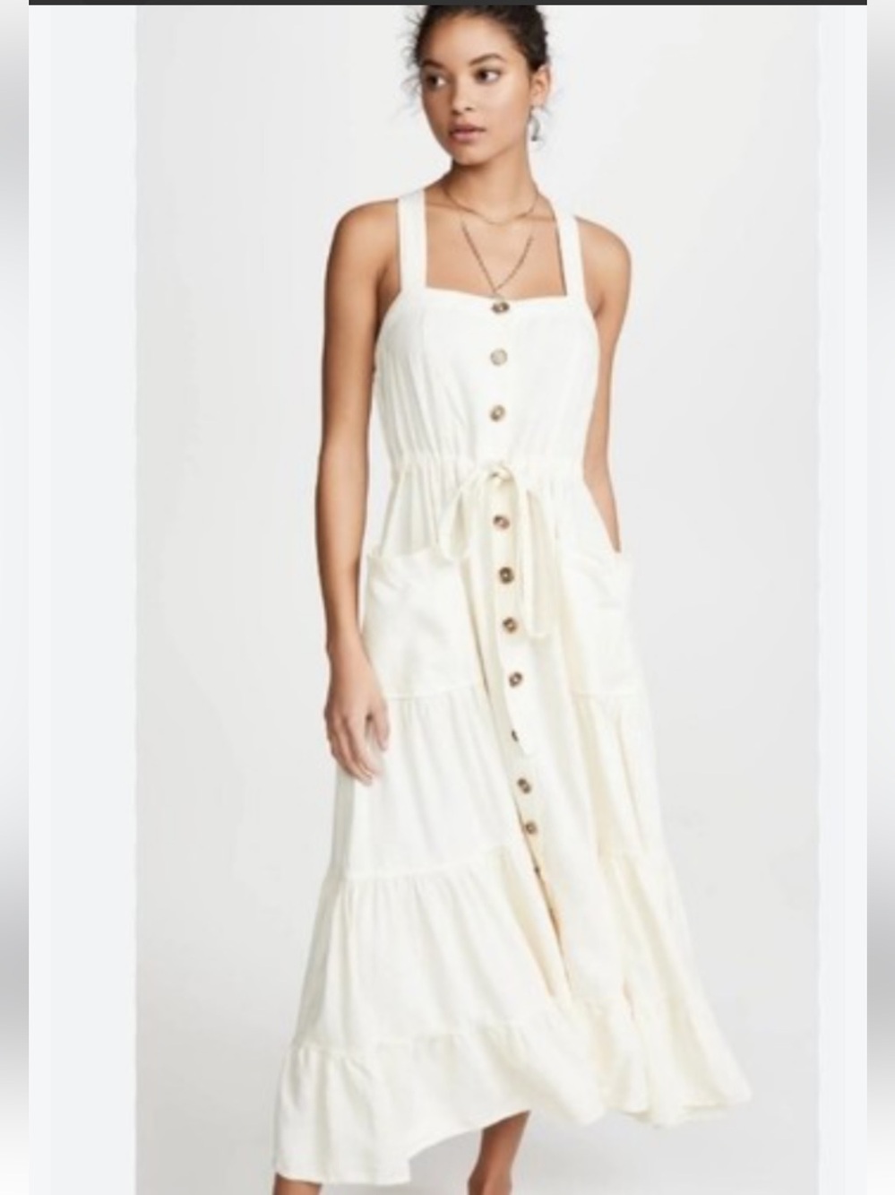 Free People Cream Button-Front Tiered Maxi Dress
